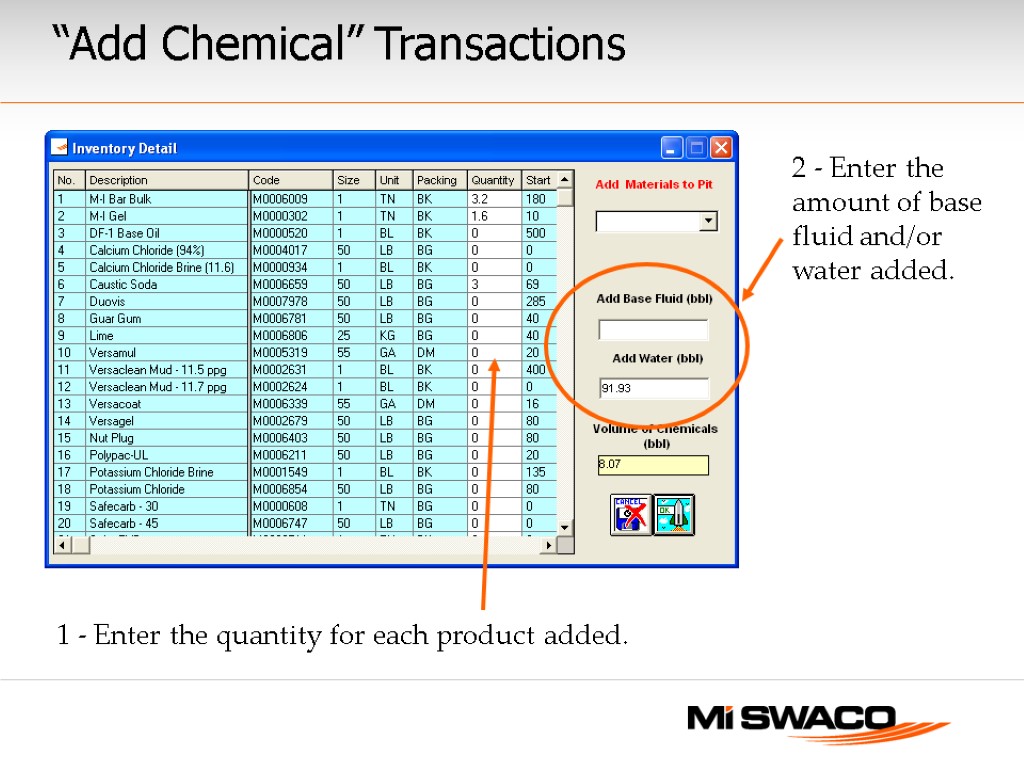 “Add Chemical” Transactions